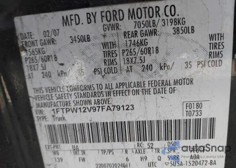 2007 Ford F-150 Lariat/Xlt из США, поврежденный, VIN 1FTPW12V97FA79123